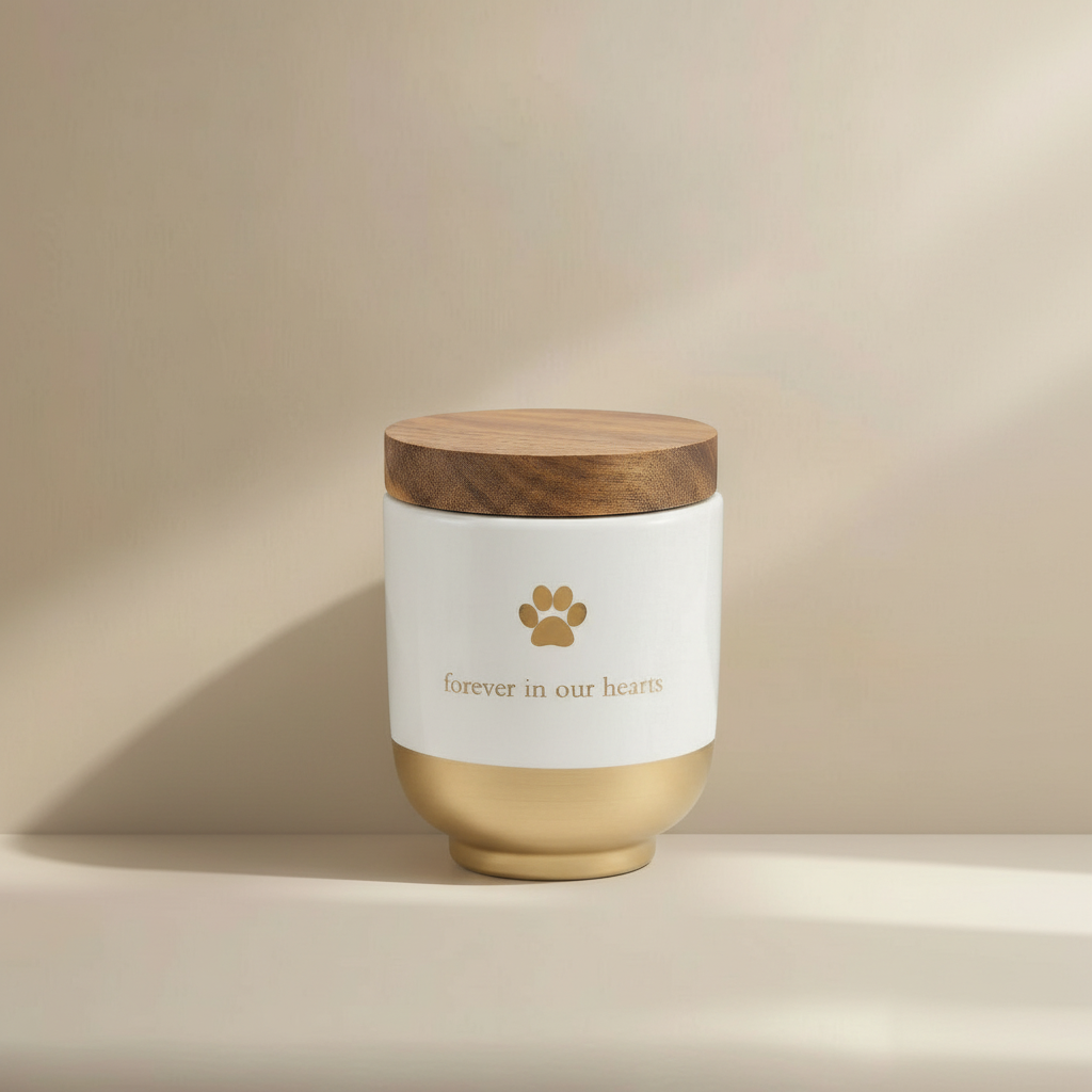 White Ceramic & Walnut Pet Urn for Ashes - Gentle Bond