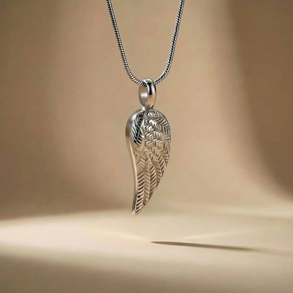 Guardian Wing - Stainless Steel Silver Angel Wing Urn Necklace for Ashes