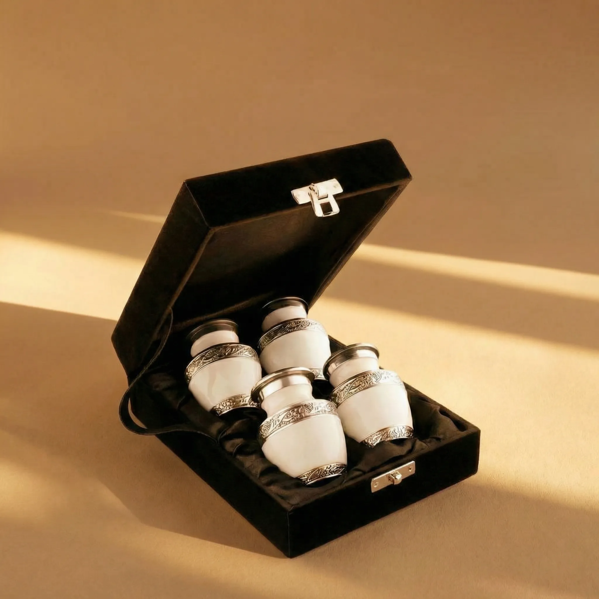 Quiet Harmony Keepsake Urn Collection of 4 – White & Silver Mini Cremation Urns for Ashes